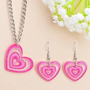 Silver Colored Pink Hearts-In-Hearts Earrings & Necklace Set